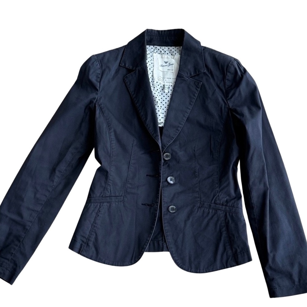 Authentic Armani Jeans Navy Fitted Blazer w/ Polka Dot Lining – Size 38/2